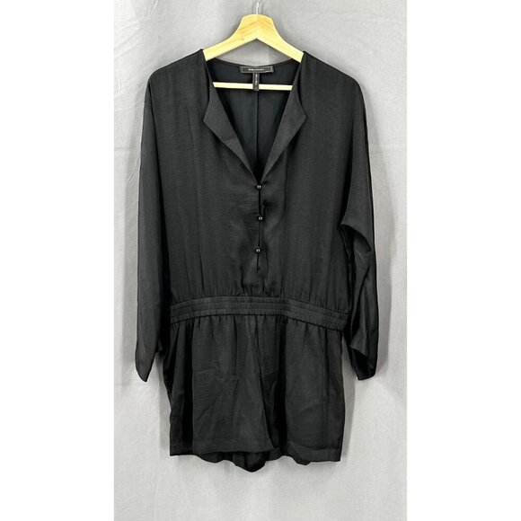 BCBG Maxazria Romper Women M Black Satin Button Long Sleeve Gothcore Evening - Picture 1 of 11
